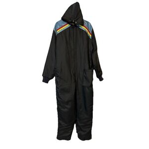 UPC SNOWMOBILE Snow Suit 1970s USA Made VINTAGE Black Coverall Quilted Belt READ